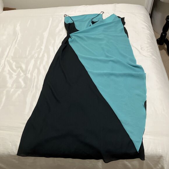 Thea Dora Black Teal Formal Cocktail Evening Prom HoCo Maxi Wrap Dress Sz L Y2K - Picture 11 of 12